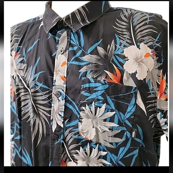 #83 Vans Shirt Mens X LARGE Black Button Up Floral HawaiianTailored Fit - Picture 2 of 4